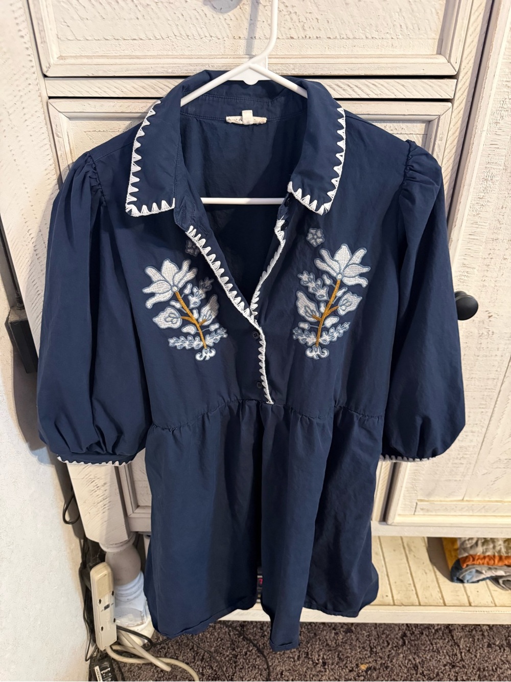 Embroidered Navy Long Sleeve Dress with Contrast Trim